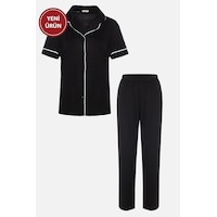 Kadın Kısa Kollu Viskon - Yumuşak Dokulu Düğmeli Biyeli Bol Paça Pijama Takımı Ko7306ts-3 Siyah Kadın Kısa Kollu Viskon - Yumuşak Dokulu Düğmeli Biyeli Bol Paça Pijama Takımı Ko7306ts-3 Siyah