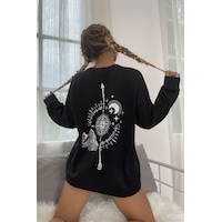 Unisex Pusula Sırt Baskılı Bisiklet Yaka Sweatshirt Siyah Unisex Pusula Sırt Baskılı Bisiklet Yaka Sweatshirt Siyah