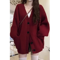 Kadın Oversize Cepli Düğmeli V Yaka Triko Hırka Bordo Kadın Oversize Cepli Düğmeli V Yaka Triko Hırka Bordo
