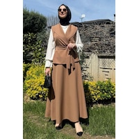 Rabia Şamlı Zarif Etek Yelek Takım Camel Normal