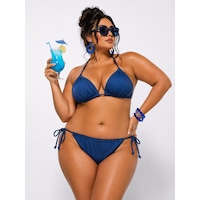 Büyük Beden Büzgülü Üçgen İpli Boyundan Bağlamalı Kadın Bikini Takım İndigo Büyük Beden Büzgülü Üçgen İpli Boyundan Bağlamalı Kadın Bikini Takım İndigo