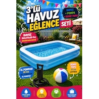 Hak-iş Oyuncak 3'lü Havuz Eğlence Seti 262x175x50 CM Dikdörtgen Şişme Havuz + 30 CM Çift Fonksiyon El Pompası + 5