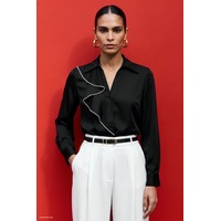 Sateen Fırfır Ve Aksesuar Detaylı Gömlek - Siyah-137975 Sateen Fırfır Ve Aksesuar Detaylı Gömlek - Siyah-137975