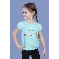 Toontoy Kids Toontoy Kız Çocuk Lastikli Büzgü Detaylı Baskılı Tişört Mint Yeşili