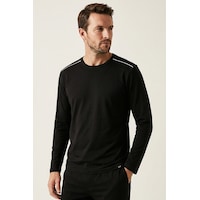 Elemge %100 Pamuk Süprem Uzun Kollu Pijama Üstü Erkek T-shirt Compact Penye Rahat Kalıp Tok Kumaş Siyah