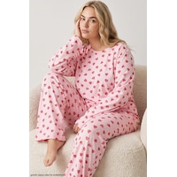 Siyah İnci Baskılı Büyük Beden Battal Boy Örme Pijama Takım 8089 Kırmızı Kalp
