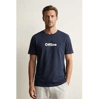 Elemge %100 Pamuk Süprem Pijama Üstü T-shirt Compact Penye Erkek Rahat Kalıp Lacivert Kısa Kol Offline Bask