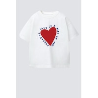 Monila Kız Çocuk Kalp Baskılı Pamuklu T-shirt Ekru