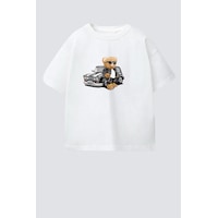 Monila Erkek Çocuk Pamuklu Bisiklet Yaka Araba Ve Ayıcık Baskılı T-shirt Ekru