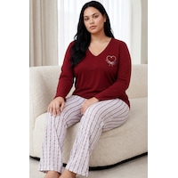 Siyah İnci Nakışlı Pamuklu Likralı Büyük Beden Battal Boy Örme Pijama Takım26240921 Bordo Siyah İnci Nakışlı Pamuklu Likralı Büyük Beden Battal Boy Örme Pijama Takım26240921 Bordo