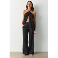 Madmext Siyah Yüksek Bel Keten Wide Leg Pantolon Mg2718 Madmext Siyah Yüksek Bel Keten Wide Leg Pantolon Mg2718