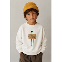 Monila Erkek Çocuk 3 İplik Kumaş Uzaylı Baskılı Pamuklu Sweatshirt Ekru Monila Erkek Çocuk 3 İplik Kumaş Uzaylı Baskılı Pamuklu Sweatshirt Ekru