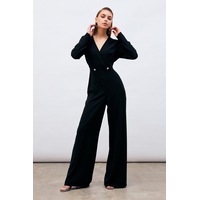 Sateen Kruvaze Süs Taşlı Krep Tulum - Siyah Sateen Kruvaze Süs Taşlı Krep Tulum - Siyah