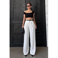 Madmext Beyaz Çift Pileli Kemerli Pantolon Mg2330 Beyaz