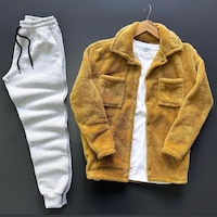 Fifty Color Unisex Taba Peluş Polar Hırka Gömlek Gri Eşofman Altı Takım Taba - Gri