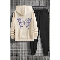 Uyguntarz Unisex Butterfly Baskılı Eşofman Takımı Bej Uyguntarz Unisex Butterfly Baskılı Eşofman Takımı Bej