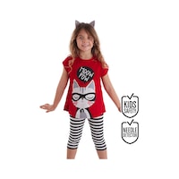 Kırmızı Meow Pow Çizgili Kız Çocuk Yazlık T-shirt Tayt Takım Kırmızı Meow Pow Çizgili Kız Çocuk Yazlık T-shirt Tayt Takım