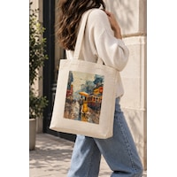 Lunora Collection Şemsiyeli Çift Baskılı Körüklü Kanvas Bez Çanta Ham Renk Lunora Collection Şemsiyeli Çift Baskılı Körüklü Kanvas Bez Çanta Ham Renk
