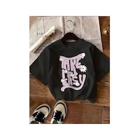 Medinenur Take Is Easy Yazı Baskılı Basic T-shirt Siyah Medinenur Take Is Easy Yazı Baskılı Basic T-shirt Siyah