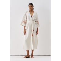 Sagaza Studio Ss6186 Keten Bağlamalı Kimono Kahverengi Sagaza Studio Ss6186 Keten Bağlamalı Kimono Kahverengi