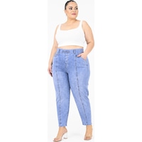 Büyük Beden Beli Lastikli Cepli Likralı Denim Mom Kesim Kadın Pantolon Mavi Büyük Beden Beli Lastikli Cepli Likralı Denim Mom Kesim Kadın Pantolon Mavi