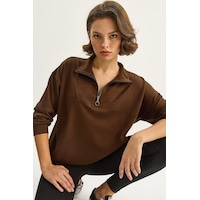 Shade Kadın Dik Yaka Yarım Fermuarlı Cep Detaylı Oversize Modal Sweatshirt 60601053 - Acı Kahve Çok Renkli Shade Kadın Dik Yaka Yarım Fermuarlı Cep Detaylı Oversize Modal Sweatshirt 60601053 - Acı Kahve Çok Renkli