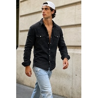 Erkek Slim Fit Siyah Kot Gömlek Çıtçıt Düğmeli Uzun Kollu Denim Gömlek Erkek Slim Fit Siyah Kot Gömlek Çıtçıt Düğmeli Uzun Kollu Denim Gömlek