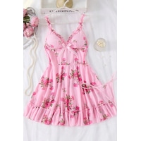 Bella Notte Pembe Gül Desenli Fırfır Askılı Fiyonk Detaylı Mini Gecelik Bella Notte Pembe Gül Desenli Fırfır Askılı Fiyonk Detaylı Mini Gecelik
