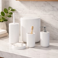 Perotti 33031500001-1 5 Parça Yuvarlak Banyo Seti - Çöp Kovası, Sabunluk, Diş Fırçalığı Ve Silikon Wc Fırçası Beyaz Beyaz