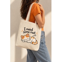Lunora Collection I Need Some Rest Kedi Baskılı Körüklü Kanvas Bez Çanta Açık Ten Lunora Collection I Need Some Rest Kedi Baskılı Körüklü Kanvas Bez Çanta Açık Ten