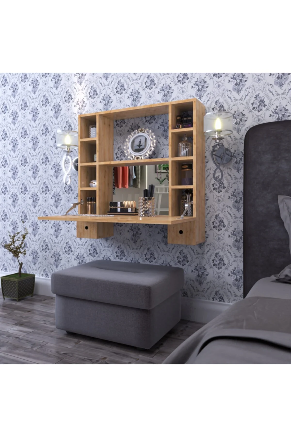 Matmazel Duvara Monte Katlanır Aynalı Makyaj Masası 90x90 Cm, Raflı Duvar Tipi Makyaj Masası Safir Meşe Matmazel Duvara Monte Katlanır Aynalı Makyaj Masası 90x90 Cm, Raflı Duvar Tipi Makyaj Masası Safir Meşe