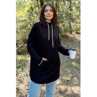Kadın Siyah Uzun Kol, Yakası Bağcıklı, Kapüşonlu, Kanguru Cep, Salaş, Uzun Tunik Sweatshirt Kadın Siyah Uzun Kol, Yakası Bağcıklı, Kapüşonlu, Kanguru Cep, Salaş, Uzun Tunik Sweatshirt