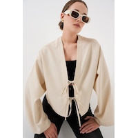 Bigdart Önü Bağlamalı Keten Kimono 960 - Krem Bigdart Önü Bağlamalı Keten Kimono 960 - Krem