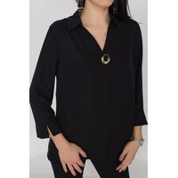Ayhan Kadın Truvakar Kol Gömlek Yaka Broşlu Bluz 001