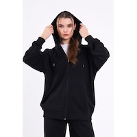 Mmetalic Siyah Kanguru Cepli Kapüşonlu Fermuarlı Oversize Kadın Sweatshirt 001 Mmetalic Siyah Kanguru Cepli Kapüşonlu Fermuarlı Oversize Kadın Sweatshirt 001