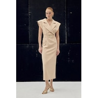 Sateen Aksesuar Detaylı Maxi Elbise - Bej-137076 Bej Sateen Aksesuar Detaylı Maxi Elbise - Bej-137076 Bej