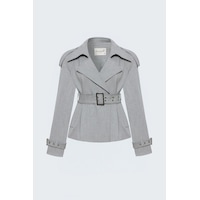 Sateen Kemer Detaylı Kısa Trenç - Gri-138115 Sateen Kemer Detaylı Kısa Trenç - Gri-138115