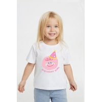 Monila Kız Çocuk Pamuklu Bisiklet Yaka Baskılı T-shirt Ekru - Pembe Monila Kız Çocuk Pamuklu Bisiklet Yaka Baskılı T-shirt Ekru - Pembe