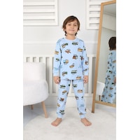 Zuzunga Transportation Veichle Desenli Çocuk Pijama Takımı Alt-üst Bej 3-8 Yaş Mavi