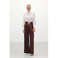 Sateen Bel Aksesuarlı Bol Paça Pantolon - Kahve Kahverengi Sateen Bel Aksesuarlı Bol Paça Pantolon - Kahve Kahverengi