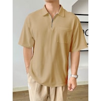 Genius Store Erkek Oversize Polo Yaka Waffle T-shirt Poloyaka-fermuarlı Bej Genius Store Erkek Oversize Polo Yaka Waffle T-shirt Poloyaka-fermuarlı Bej