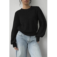 Tarz Cool Kadın Siyah Oversize Bisiklet Yaka Balon Kol Fitilli Triko Kazak Siyah Tarz Cool Kadın Siyah Oversize Bisiklet Yaka Balon Kol Fitilli Triko Kazak Siyah