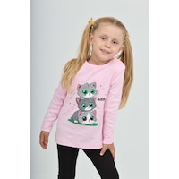 Toontoy Kız Çocuk Üçlü Kedi Baskılı Sweatshirt Pembe
