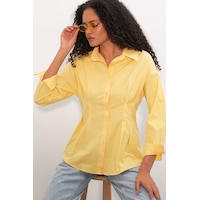 Bigdart Kadın Belden Oturtmalı Poplin Gömlek 20384 - Sarı Bigdart Kadın Belden Oturtmalı Poplin Gömlek 20384 - Sarı