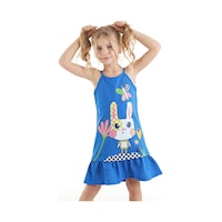 Denokids Damalı Tavşan Kız Çocuk Elbise Mavi