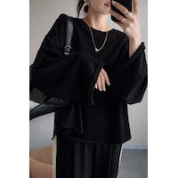 Oversize Kesim Bisiklet Yaka Uzun Kollu Sweatshirt Siyah Oversize Kesim Bisiklet Yaka Uzun Kollu Sweatshirt Siyah