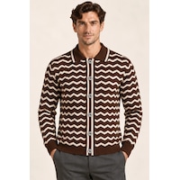 Tarz Cool Erkek Polo Yaka Zikzak Desenli Düğmeli Triko Hırka Akrilik Karışımlı Slim Fit Kahverengi Tarz Cool Erkek Polo Yaka Zikzak Desenli Düğmeli Triko Hırka Akrilik Karışımlı Slim Fit Kahverengi