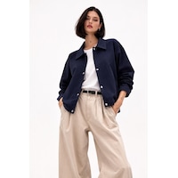 Kadın Oversize Basic Gabardin Mevsimlik Polo Yaka Ceket-385 Lacivert Kadın Oversize Basic Gabardin Mevsimlik Polo Yaka Ceket-385 Lacivert