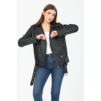 Kadın Siyah Oversize içi Kürklü Kemerli Biker Deri Ceket Siyah