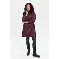 Desen Triko Desen Kapüşonlu Midi Oversize Kaban - Kışlık Bordo Desen Triko Desen Kapüşonlu Midi Oversize Kaban - Kışlık Bordo